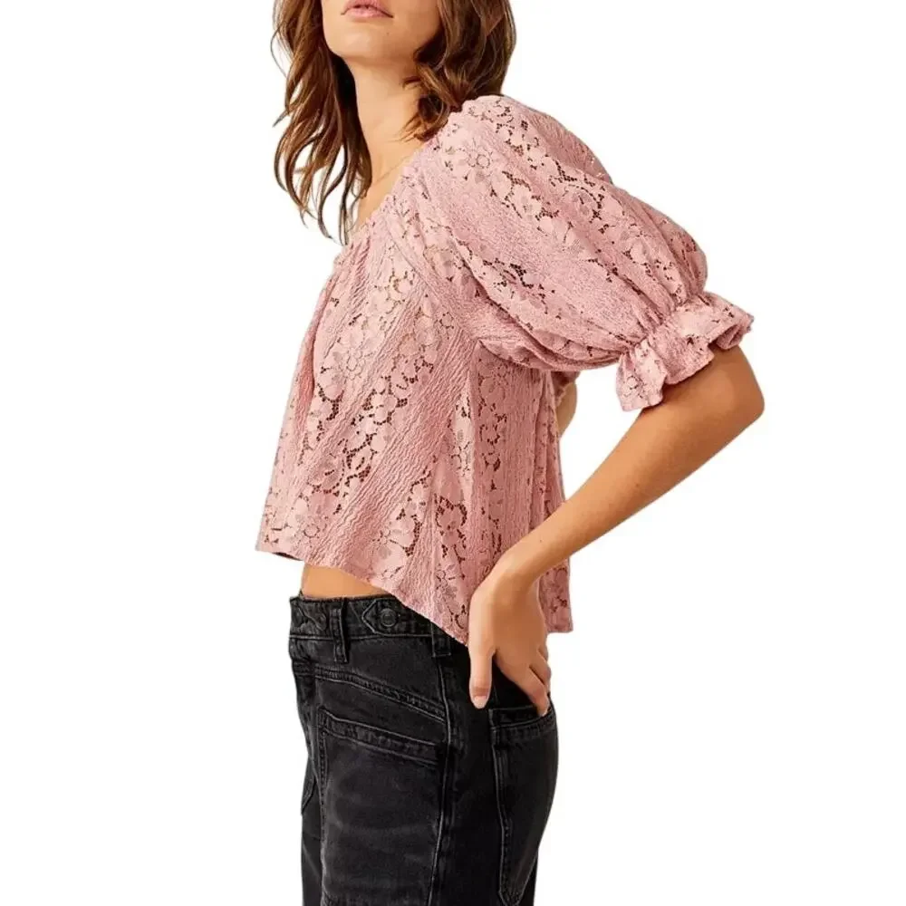 NWT Free People Ethereal Boho Pink Convertible Lace Crop Top Ruffled Cuff XS